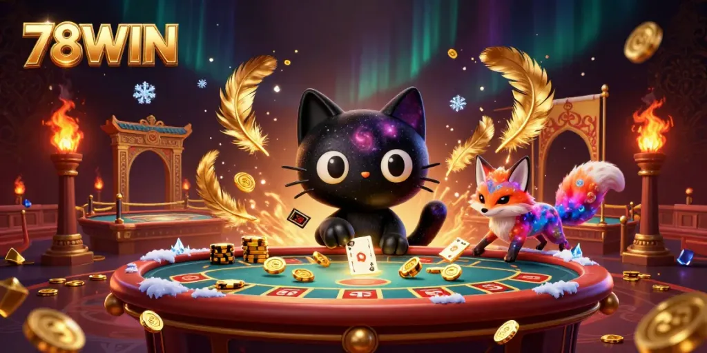Explore the vibrant casino world of 78WIN with cosmic scenes and dynamic characters enticing players.