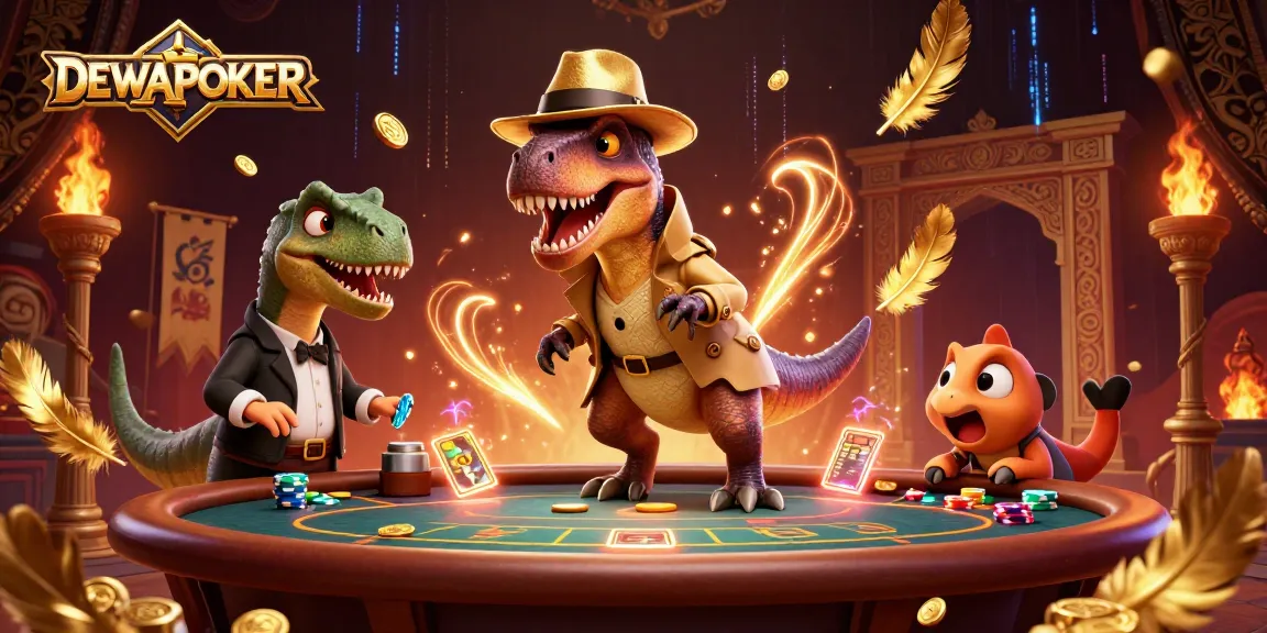 DEWAPOKER poker scene features a velociraptor counter, stegosaurus pit boss, and a sneaky compy.