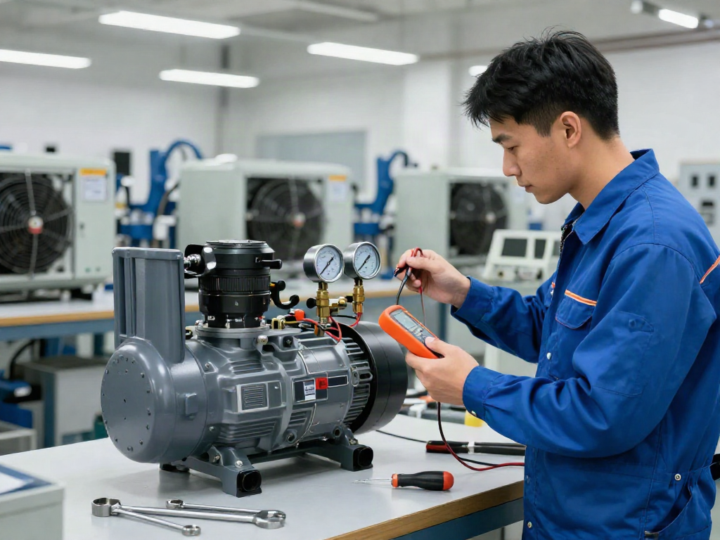 Technician inspecting a water pump pressure switch on an air compressor, showcasing detailed technical settings.