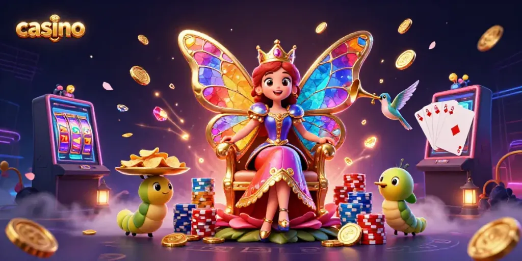 Experience a vibrant casino scene with a butterfly queen, slot reels, and sparkling treasures.
