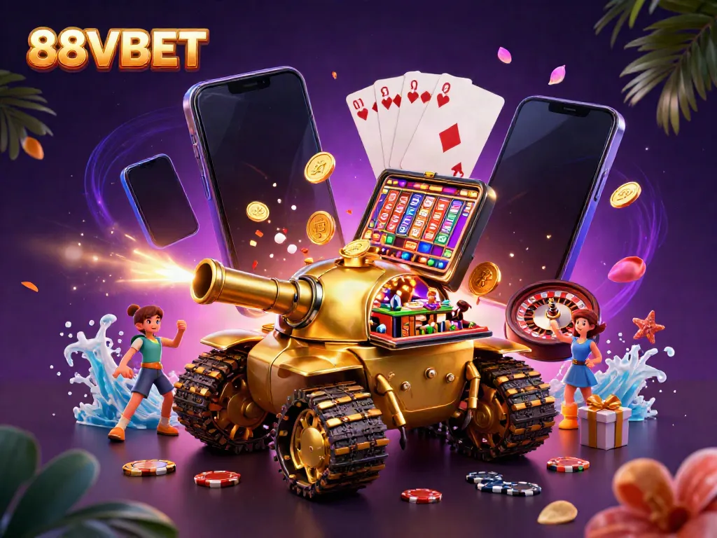 Engage with 88VBET's lively casino illustration featuring a miniature casino in a golden beetle tank.
