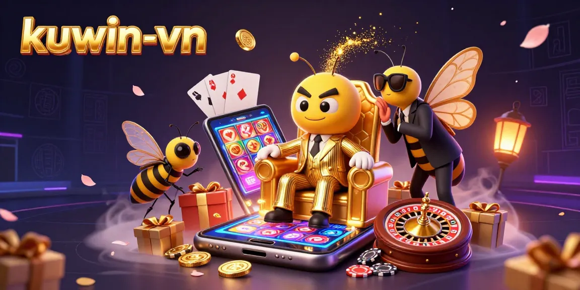 Experience thrilling wins at kuwin-vn with the vibrant 3D casino illustration showcasing dynamic gaming action.
