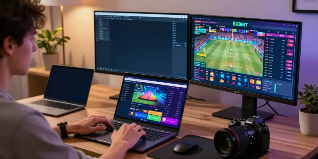 Engaged player betting on https://8kbeteu.com/ from a cozy living room with multiple screens.