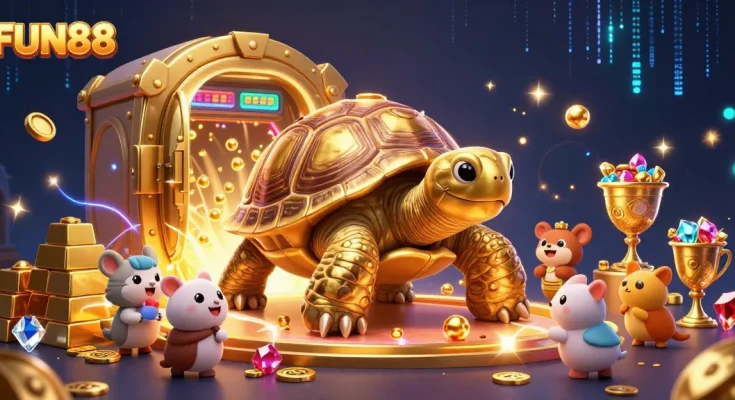 Experience the excitement of FUN88's magical casino world with a golden tortoise pinball machine surrounded by treasures.