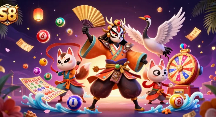 Experience thrilling gameplay at S8 with vibrant lottery elements and animated characters.