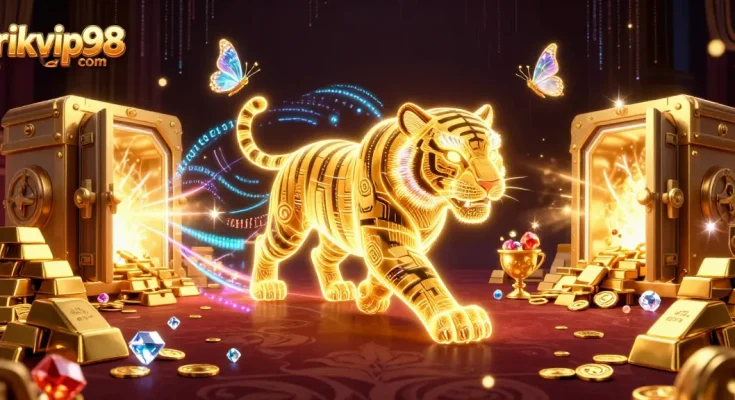 Experience the thrill of rikvip98 com with a dazzling digital casino landscape featuring a golden tiger and treasures.