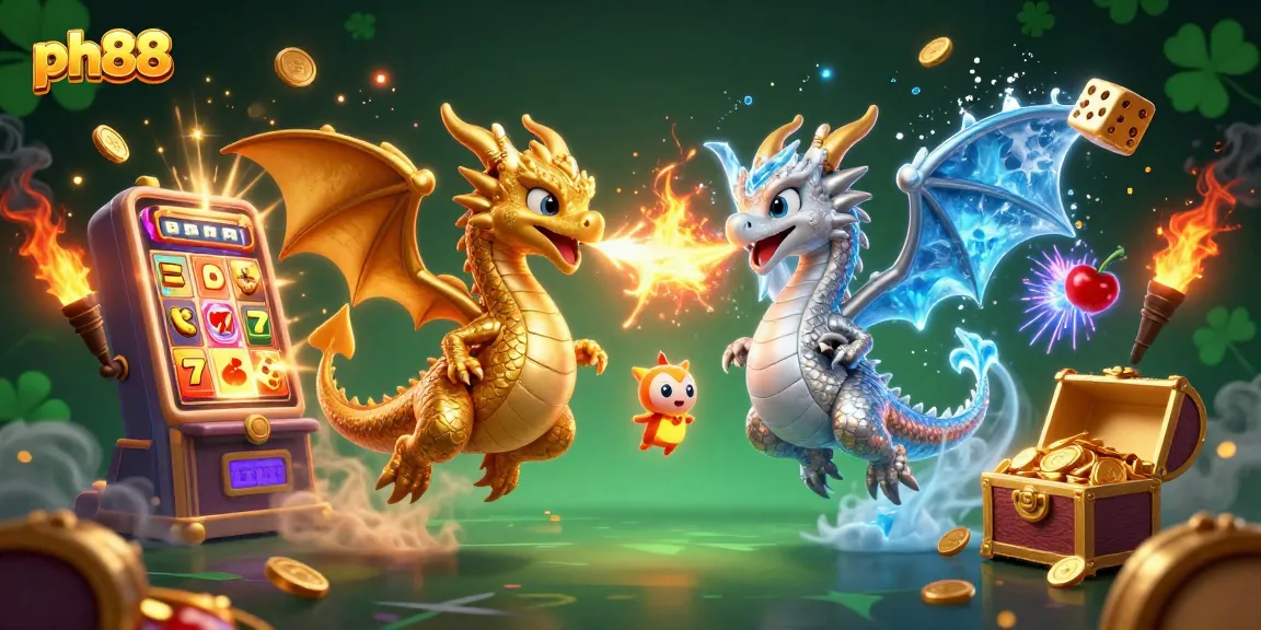 Experience the excitement of ph88 with 3D dragons, a colorful slot machine, and vibrant gaming elements.