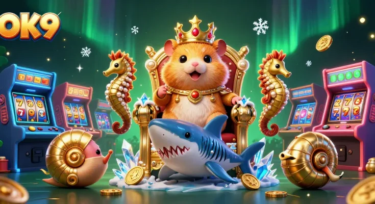 Experience thrilling gaming with OK9's colorful 3D casino scene featuring a golden hamster king and vibrant elements.