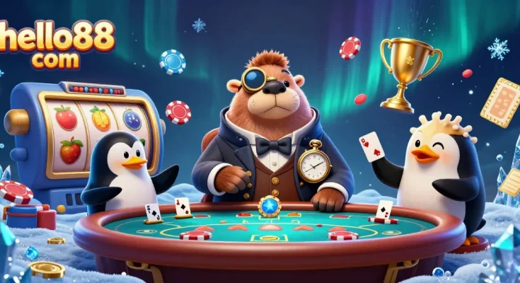 Experience the thrill at hello88 com with a jolly walrus playing poker in a vibrant underwater scene.