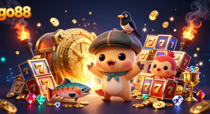 Experience thrilling gameplay at go88 with playful characters immersed in rich casino treasures.