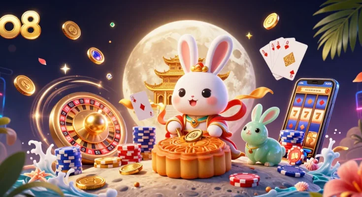 Experience thrilling wins at o8 with our vibrant 3D moon rabbit casino illustration featuring golden poker chips.
