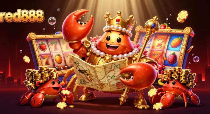 Experience the excitement of red888 with a massive golden crab emperor in a vibrant casino scene.