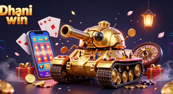 Engage with the thrilling Dhani win game scene featuring a golden beetle tank revealing a casino.