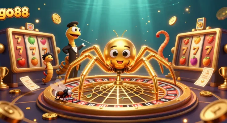 Experience the excitement of go 88 with a golden spider, roulette wheel, and dynamic slots in this vibrant casino scene.