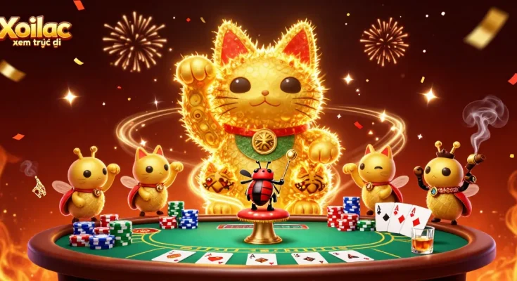 Xoilac xem trực tiếp showcases vibrant casino elements with a golden lucky cat and conductor for live sports streaming.
