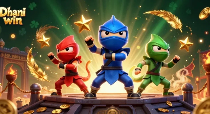 Dhani win game features a dynamic 3D scene with ninja chameleons and vibrant gambling elements.