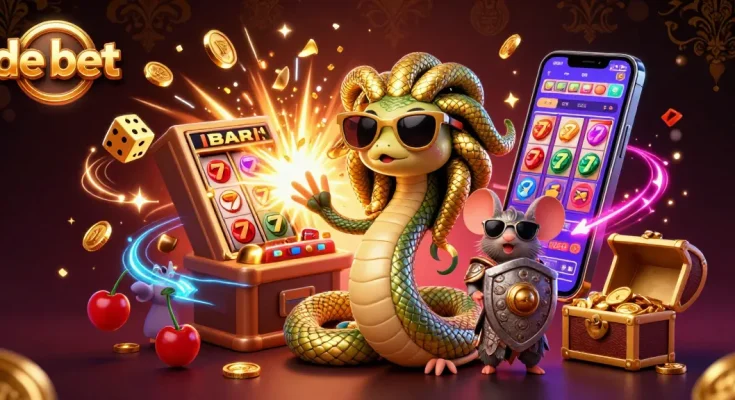 Spin the de bet slot machine with vibrant characters and golden coins in this exciting casino illustration.