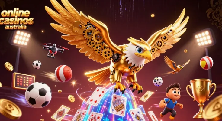 Experience thrilling gameplay with online casinos Australia showcasing a cybernetic eagle diving through holographic cards.