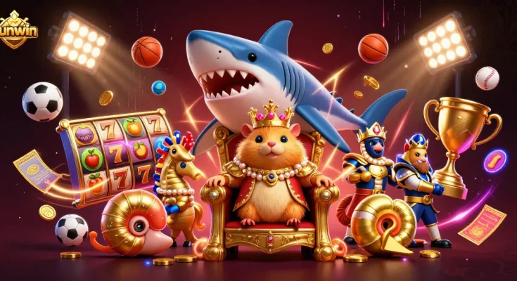 Engage with sunwin's thrilling jackpots, featuring a golden hamster king on a megalodon throne surrounded by dynamic casino elements.