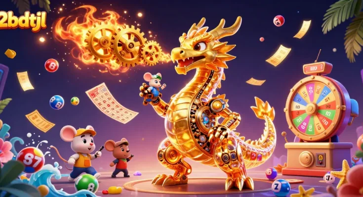 Experience thrilling gaming action with the dragon of 2bdtjl surrounded by lottery excitement.