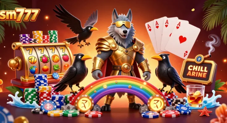Experience thrilling online gaming with sm777 in a vibrant 3D casino illustration packed with slot machines and action.