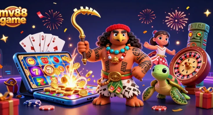 Play the exciting mv88 game with colorful slot symbols, lively characters, and dynamic casino elements.