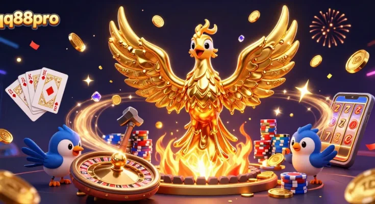 Experience epic wins at qq88pro with a vibrant phoenix and casino icons in a dazzling 3D illustration.