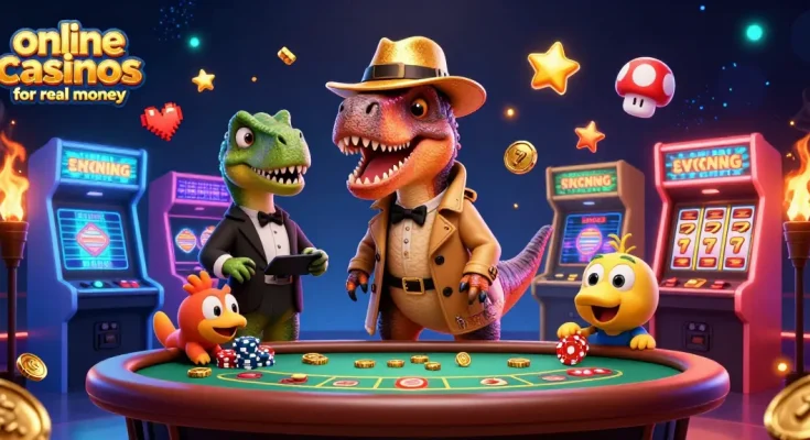Experience excitement at online casinos for real money with dinosaurs and vibrant gaming elements.