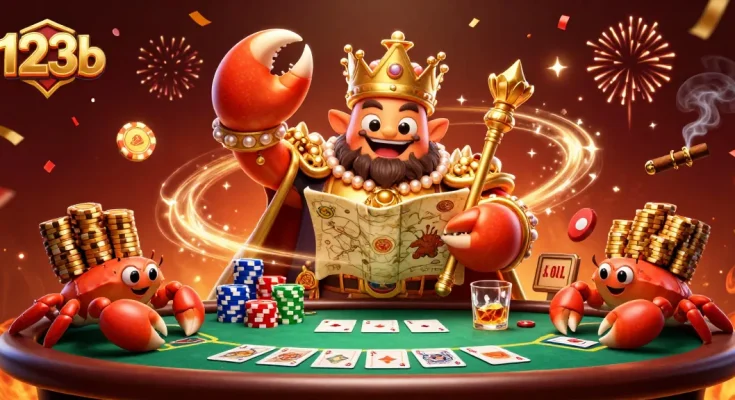 Elevate your play at 123b with a vibrant and energetic poker scene of a golden crab emperor.