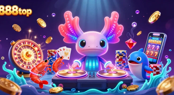 Spin the reels with 888top's vibrant casino scene featuring a colorful axolotl DJ.