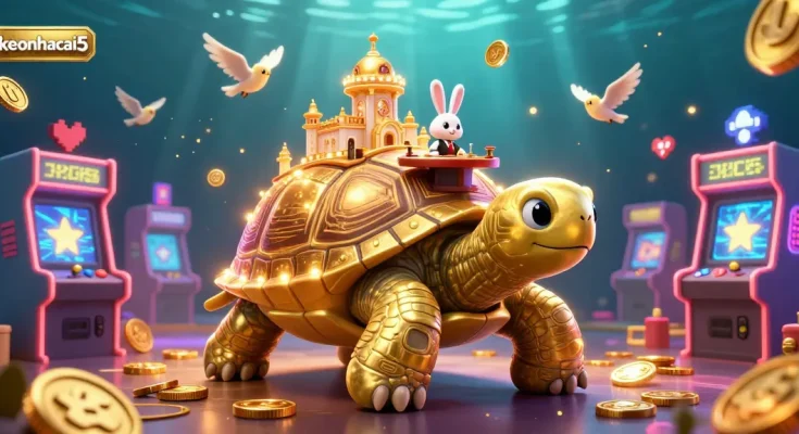 Experience keonhacai5 with thrilling gameplay showcasing a golden tortoise casino scene amidst vibrant game machines.
