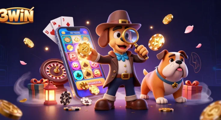Uncover exciting treasures with 3WIN, as a detective explores poker clues and vibrant slot games.