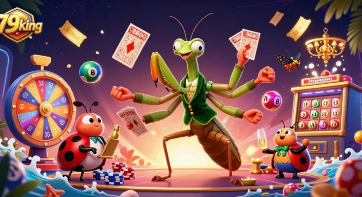 Experience the vibrant world of 79king as the card sharp showcases his skills amid colorful lottery elements.