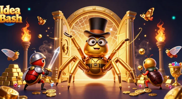 Experience thrilling gameplay with Idea Bash's vibrant casino adventure featuring golden characters and game elements.