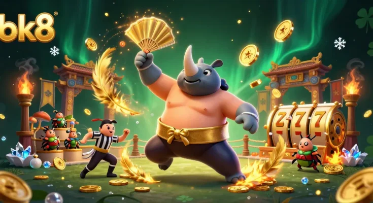 Experience epic bk8 action in a vibrant illustrated sumo battle filled with gold coins and excitement.