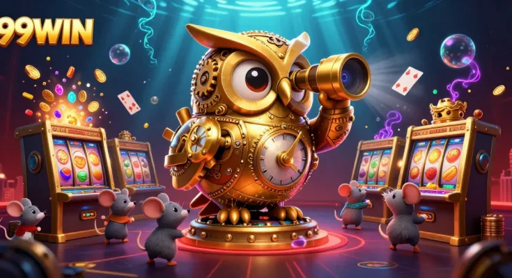 Experience thrilling wins at 99WIN with a vibrant casino scene featuring unique characters and games.