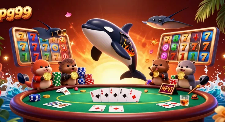 Experience thrilling entertainment at pg99 with an orca in a biker jacket jumping amidst vibrant slot reels.