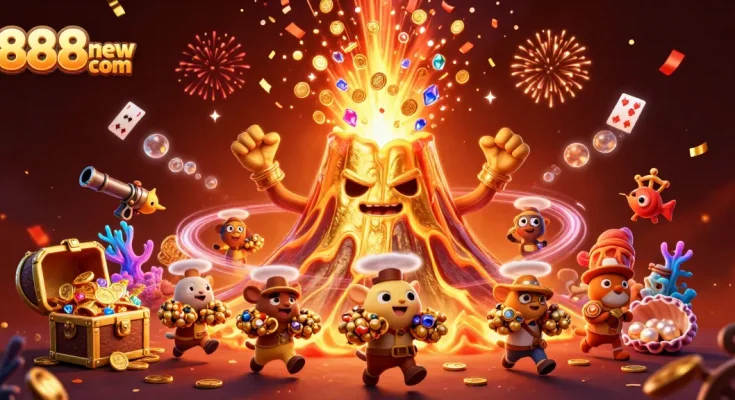 Witness the playful scene of treasure and excitement at 888new com's vibrant casino adventure.