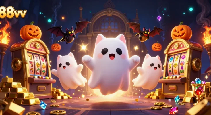 Engage with 88vv's magical casino mansion showcasing ghost cats and treasure in a vibrant scene.