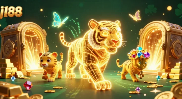 Experience vibrant casino excitement with j188's golden tiger illuminating the digital landscape.