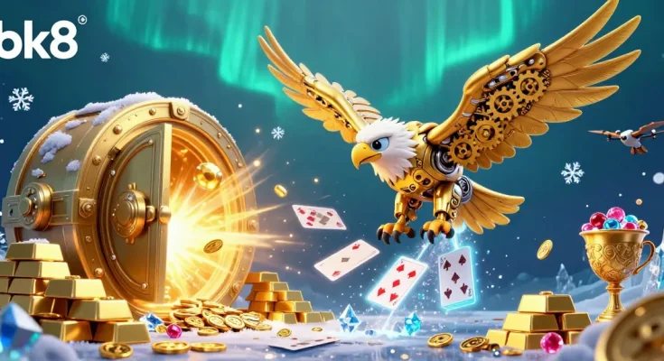 bk8 showcases a vibrant 3D casino scene where a golden eagle dives among holographic cards and treasures.