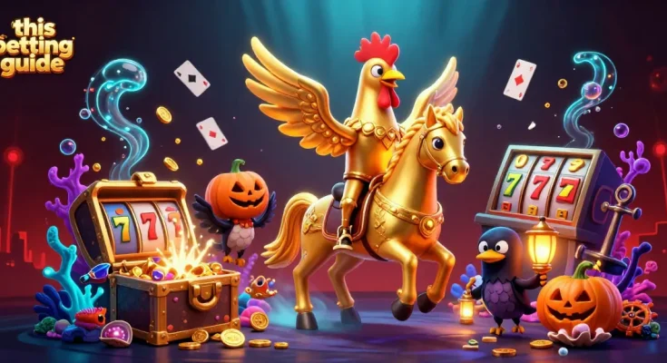 This betting guide showcases an energetic midnight casino scene with a golden rooster and spooky companions amidst rich slot elements.