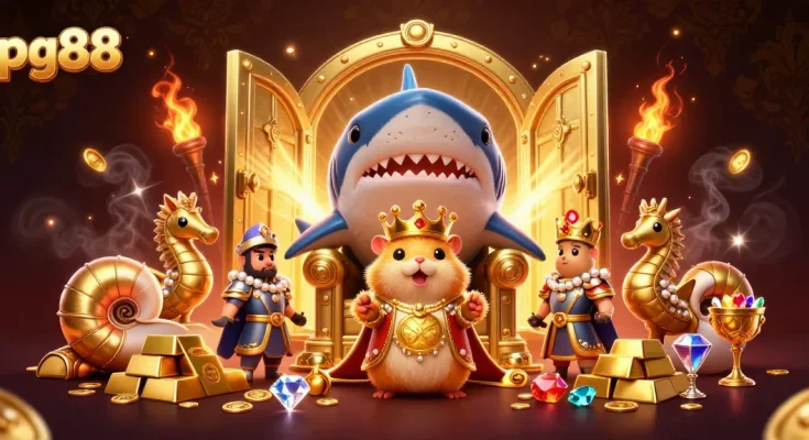 Engage with pg88's vibrant casino world, featuring a golden hamster king and treasures galore.
