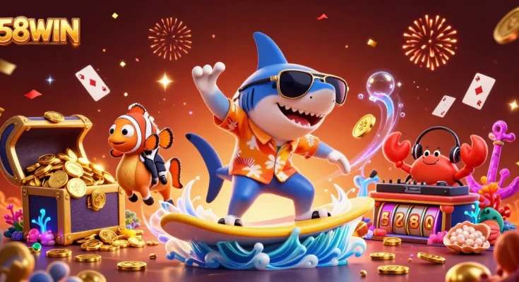 Experience thrilling gameplay with 58WIN's vibrant underwater casino scene filled with gold coins and treasures.