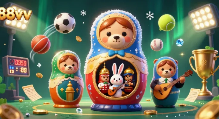 Engage with 88vv's vibrant casino scene featuring animated characters, dynamic sports elements, and a festive atmosphere.