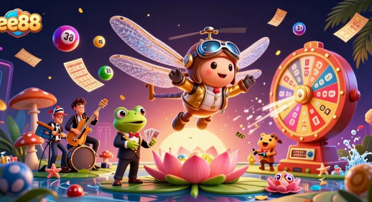 Play games at ee88 with 3D casino characters and vibrant lottery elements in a lively scene.